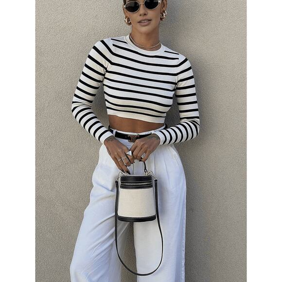 Commense Striped Casual Strech Crop Bodycon Knit Top Black White Stripe L - Picture 6 of 6